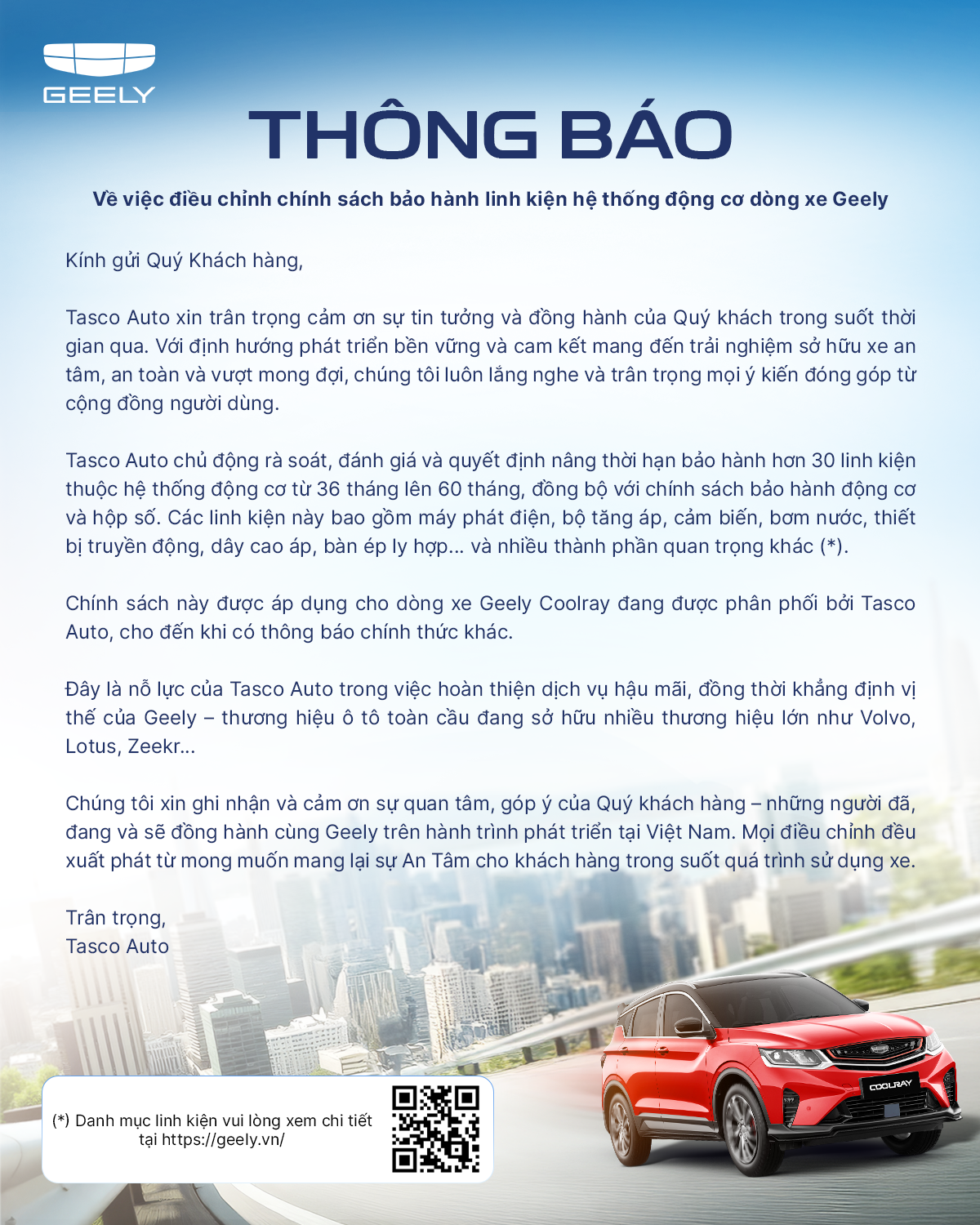 Chính sách bảo hành Geely Thái Bình